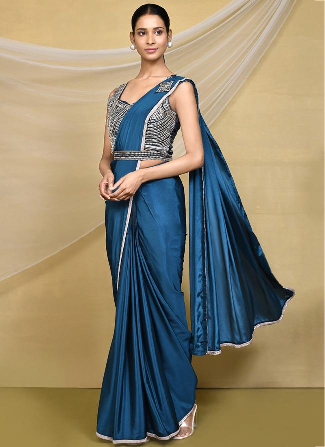 Crepe Silk Light Teal Party Wear Embroidery Work Readymade Saree